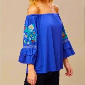 Altar’d State Boho Embroidered Floral Bell Sleeve Off The Shoulder Blouse